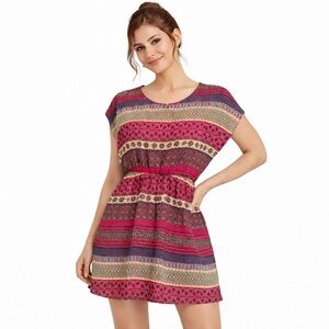 EUC Women's Buttons Striped Boho Chic Blouson Dress Size M Pink Multi-color